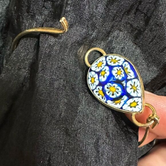 Blue Floral Mille Fiori Enamel and Gold tone Bracelet Bangle - Picture 10 of 13